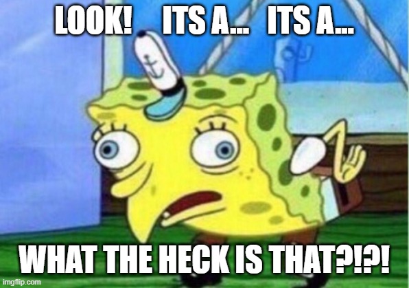 Mocking Spongebob | LOOK!     ITS A...   ITS A... WHAT THE HECK IS THAT?!?! | image tagged in memes,mocking spongebob | made w/ Imgflip meme maker