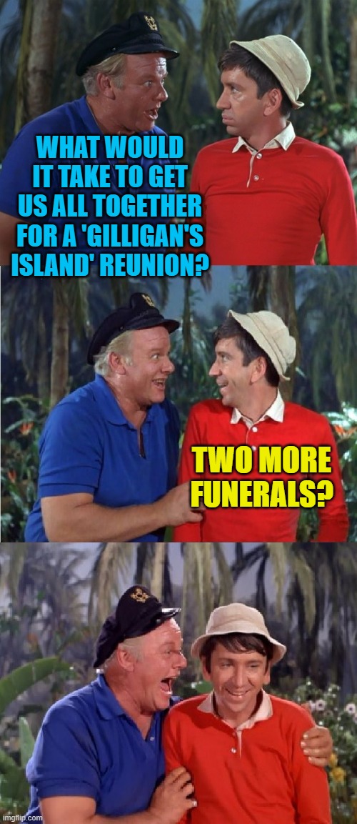 Gilligan Bad Pun | WHAT WOULD IT TAKE TO GET US ALL TOGETHER FOR A 'GILLIGAN'S ISLAND' REUNION? TWO MORE FUNERALS? | image tagged in gilligan bad pun | made w/ Imgflip meme maker