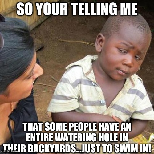 water is for drinking in the third world life | SO YOUR TELLING ME; THAT SOME PEOPLE HAVE AN ENTIRE WATERING HOLE IN THEIR BACKYARDS...JUST TO SWIM IN! | image tagged in memes,third world skeptical kid | made w/ Imgflip meme maker