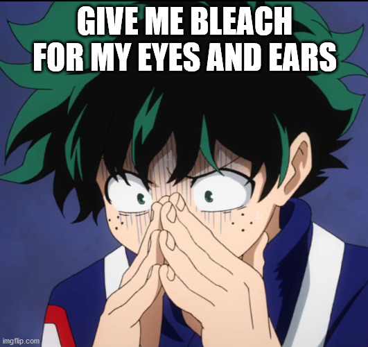 Suffering Deku | GIVE ME BLEACH FOR MY EYES AND EARS | image tagged in suffering deku | made w/ Imgflip meme maker