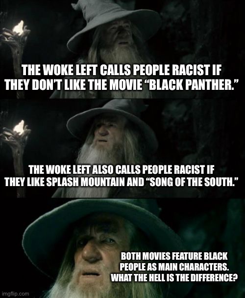 Certain Black Movies Matter | THE WOKE LEFT CALLS PEOPLE RACIST IF THEY DON’T LIKE THE MOVIE “BLACK PANTHER.”; THE WOKE LEFT ALSO CALLS PEOPLE RACIST IF THEY LIKE SPLASH MOUNTAIN AND “SONG OF THE SOUTH.”; BOTH MOVIES FEATURE BLACK PEOPLE AS MAIN CHARACTERS. WHAT THE HELL IS THE DIFFERENCE? | image tagged in memes,confused gandalf,black panther,song of the south,racist,black | made w/ Imgflip meme maker
