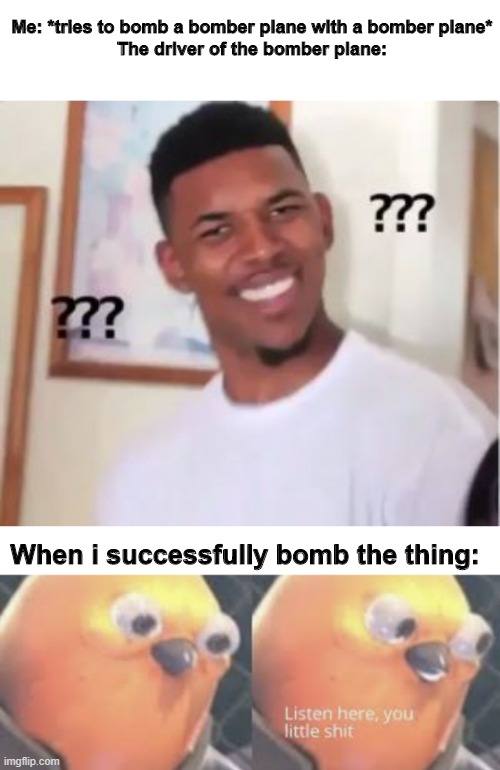 BOMBERCEPTION | Me: *tries to bomb a bomber plane with a bomber plane*
The driver of the bomber plane:; When i successfully bomb the thing: | image tagged in listen here you little shit bird,confused nick young,bomber,memes | made w/ Imgflip meme maker