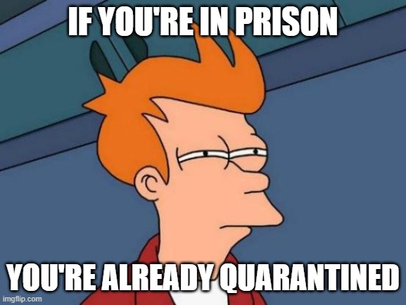 Futurama Fry Meme | IF YOU'RE IN PRISON YOU'RE ALREADY QUARANTINED | image tagged in memes,futurama fry | made w/ Imgflip meme maker