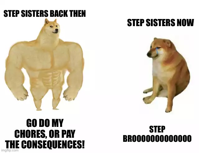 Step brooooooo |  STEP SISTERS NOW; STEP SISTERS BACK THEN; GO DO MY CHORES, OR PAY THE CONSEQUENCES! STEP BROOOOOOOOOOOOO | image tagged in buff doge vs cheems,step brothers | made w/ Imgflip meme maker