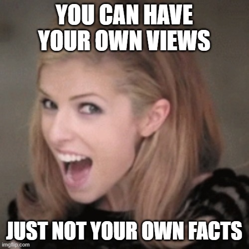 Anna kendrick | YOU CAN HAVE YOUR OWN VIEWS JUST NOT YOUR OWN FACTS | image tagged in anna kendrick | made w/ Imgflip meme maker