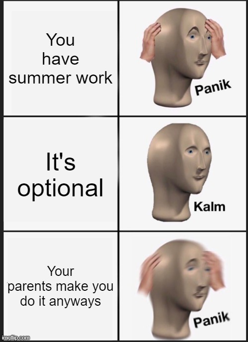 Summer work | You have summer work; It's optional; Your parents make you do it anyways | image tagged in memes,panik kalm panik | made w/ Imgflip meme maker
