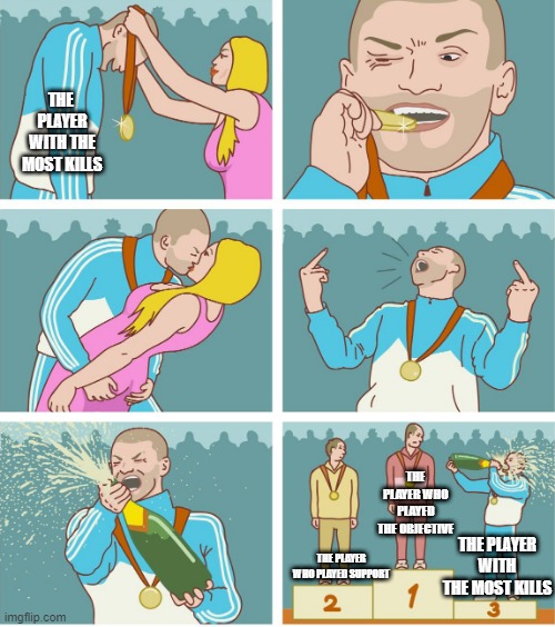 Podium Meme | THE  PLAYER WITH THE MOST KILLS; THE PLAYER WHO PLAYED THE OBJECTIVE; THE PLAYER WITH THE MOST KILLS; THE PLAYER WHO PLAYED SUPPORT | image tagged in podium meme | made w/ Imgflip meme maker