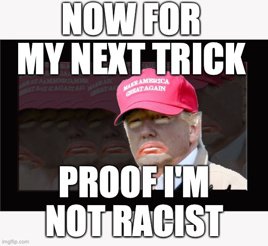 Donald Trump Blackface | NOW FOR MY NEXT TRICK PROOF I'M NOT RACIST | image tagged in donald trump blackface | made w/ Imgflip meme maker