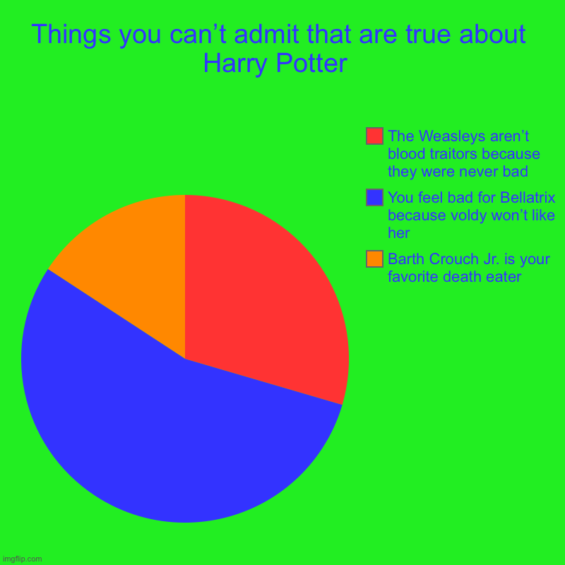 Things you can’t admit that are true about Harry Potter  | Barth Crouch Jr. is your favorite death eater , You feel bad for Bellatrix becaus | image tagged in charts,pie charts,harry potter,so true | made w/ Imgflip chart maker
