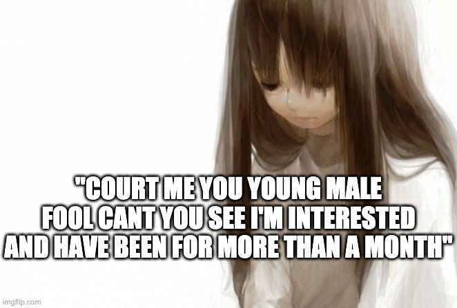 SAD anime girl template | "COURT ME YOU YOUNG MALE FOOL CANT YOU SEE I'M INTERESTED AND HAVE BEEN FOR MORE THAN A MONTH" | image tagged in sad anime girl template | made w/ Imgflip meme maker