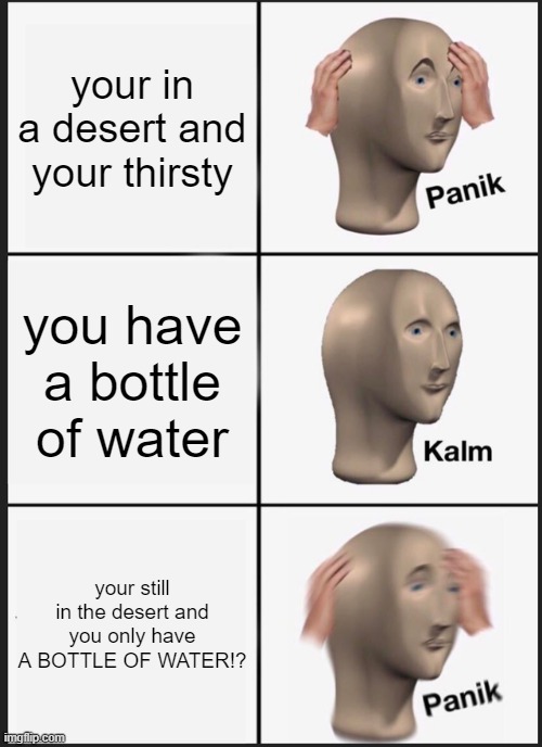 desert | your in a desert and your thirsty; you have a bottle of water; your still in the desert and you only have A BOTTLE OF WATER!? | image tagged in memes,panik kalm panik | made w/ Imgflip meme maker