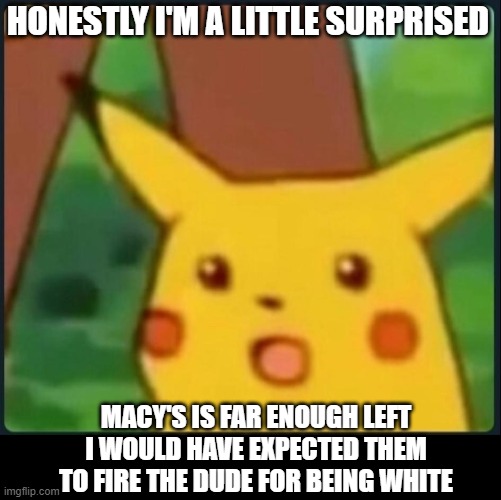 Surprised Pikachu | HONESTLY I'M A LITTLE SURPRISED MACY'S IS FAR ENOUGH LEFT I WOULD HAVE EXPECTED THEM TO FIRE THE DUDE FOR BEING WHITE | image tagged in surprised pikachu | made w/ Imgflip meme maker