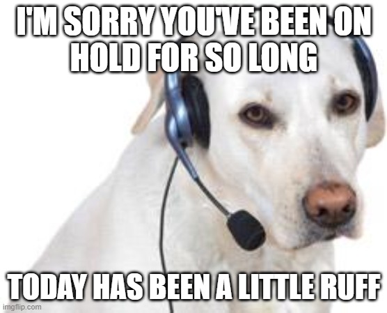 Call center dog empathizes | I'M SORRY YOU'VE BEEN ON
HOLD FOR SO LONG; TODAY HAS BEEN A LITTLE RUFF | image tagged in dog phone | made w/ Imgflip meme maker