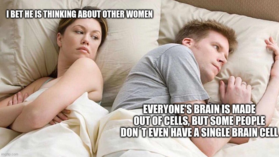 Brain cells | I BET HE IS THINKING ABOUT OTHER WOMEN; EVERYONE'S BRAIN IS MADE OUT OF CELLS, BUT SOME PEOPLE DON´T EVEN HAVE A SINGLE BRAIN CELL | image tagged in i bet he's thinking about other women,brains,cell | made w/ Imgflip meme maker