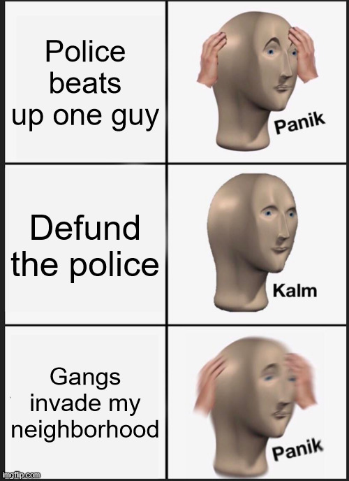 Panik Kalm Panik | Police beats up one guy; Defund the police; Gangs invade my neighborhood | image tagged in memes,panik kalm panik | made w/ Imgflip meme maker