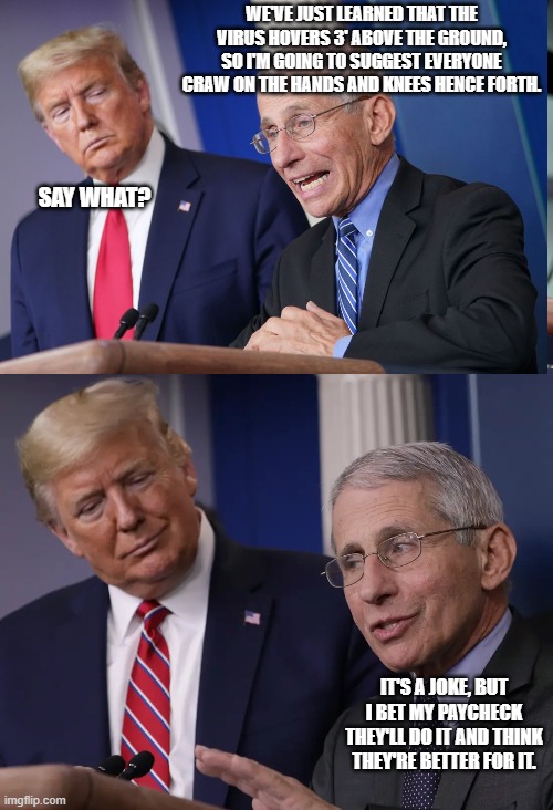 They could do this at this point and people would obey | WE'VE JUST LEARNED THAT THE VIRUS HOVERS 3' ABOVE THE GROUND, SO I'M GOING TO SUGGEST EVERYONE CRAW ON THE HANDS AND KNEES HENCE FORTH. SAY WHAT? IT'S A JOKE, BUT I BET MY PAYCHECK THEY'LL DO IT AND THINK THEY'RE BETTER FOR IT. | image tagged in coronavirus,politics,political meme | made w/ Imgflip meme maker