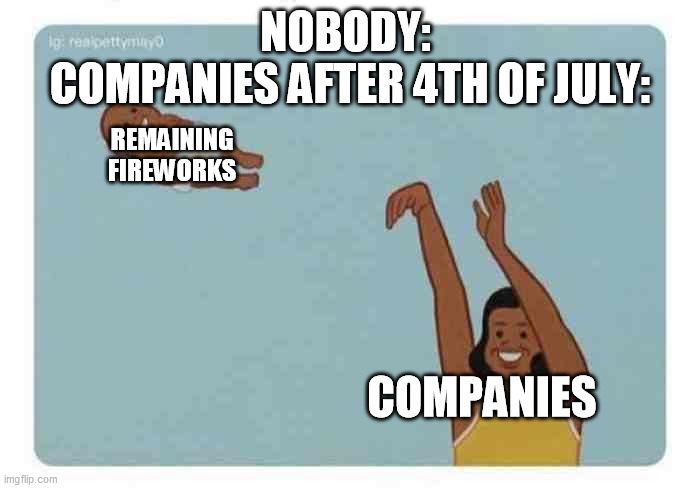 mom throwing baby | NOBODY: 
COMPANIES AFTER 4TH OF JULY:; REMAINING FIREWORKS; COMPANIES | image tagged in mom throwing baby | made w/ Imgflip meme maker