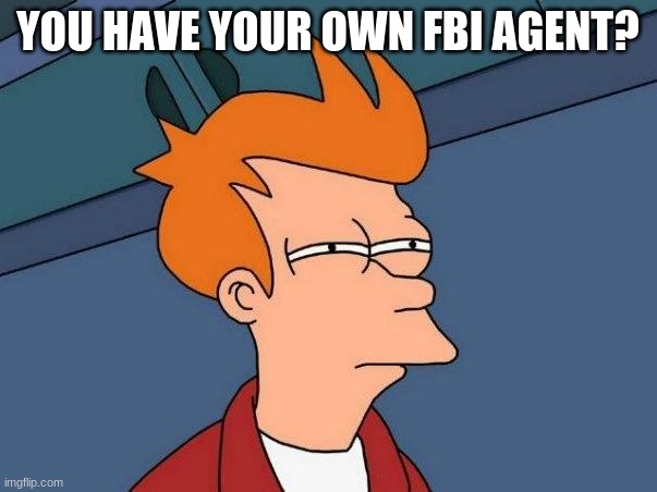 Not sure if- fry | YOU HAVE YOUR OWN FBI AGENT? | image tagged in not sure if- fry | made w/ Imgflip meme maker