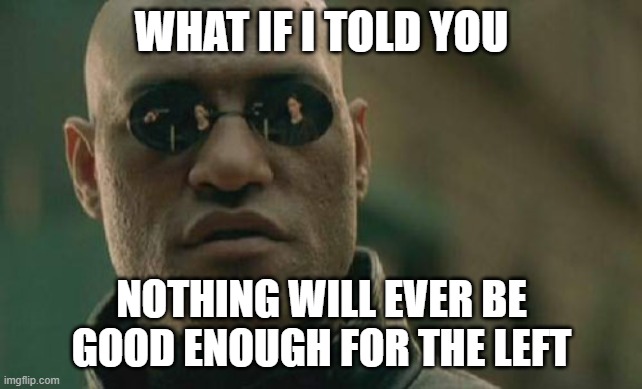 Matrix Morpheus Meme | WHAT IF I TOLD YOU NOTHING WILL EVER BE GOOD ENOUGH FOR THE LEFT | image tagged in memes,matrix morpheus | made w/ Imgflip meme maker