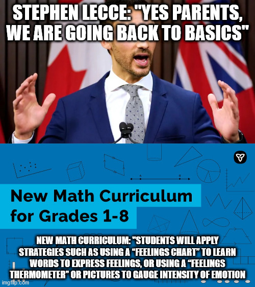 STEPHEN LECCE: "YES PARENTS, WE ARE GOING BACK TO BASICS"; NEW MATH CURRICULUM: "STUDENTS WILL APPLY STRATEGIES SUCH AS USING A “FEELINGS CHART” TO LEARN
WORDS TO EXPRESS FEELINGS, OR USING A “FEELINGS THERMOMETER” OR PICTURES TO GAUGE INTENSITY OF EMOTION | made w/ Imgflip meme maker