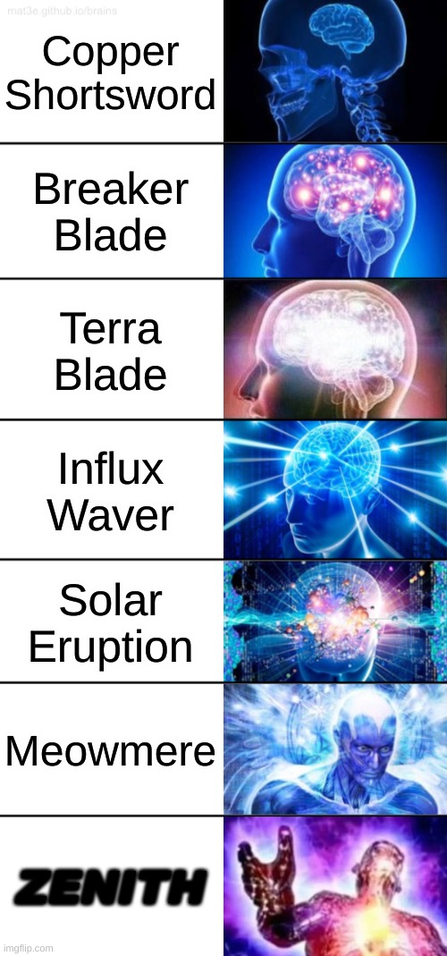 7-Tier Expanding Brain | Copper Shortsword Breaker Blade Terra Blade Influx Waver Solar Eruption Meowmere ZENITH | image tagged in 7-tier expanding brain | made w/ Imgflip meme maker