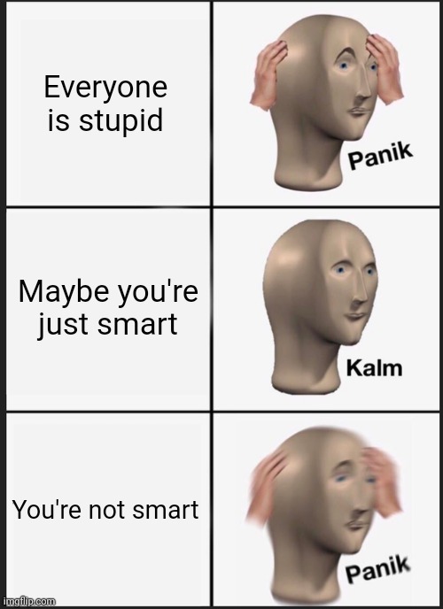 Panik Kalm Panik Meme | Everyone is stupid; Maybe you're just smart; You're not smart | image tagged in memes,panik kalm panik | made w/ Imgflip meme maker
