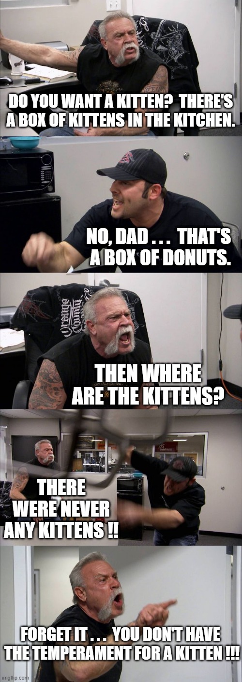 American Chopper Argument | DO YOU WANT A KITTEN?  THERE'S A BOX OF KITTENS IN THE KITCHEN. NO, DAD . . .  THAT'S 
A BOX OF DONUTS. THEN WHERE ARE THE KITTENS? THERE WERE NEVER ANY KITTENS !! FORGET IT . . .  YOU DON'T HAVE 
THE TEMPERAMENT FOR A KITTEN !!! | image tagged in memes,american chopper argument | made w/ Imgflip meme maker