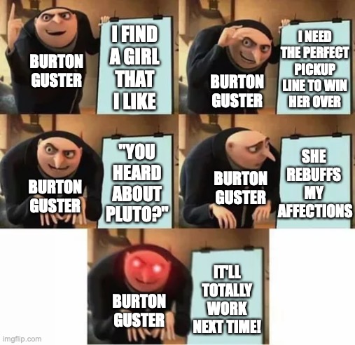 Psych | I NEED
THE PERFECT
PICKUP
LINE TO WIN
HER OVER; I FIND
A GIRL
THAT
I LIKE; BURTON
GUSTER; BURTON
GUSTER; "YOU
HEARD
ABOUT
PLUTO?"; SHE 
REBUFFS 
MY 
AFFECTIONS; BURTON
GUSTER; BURTON
GUSTER; IT'LL
TOTALLY
WORK
NEXT TIME! BURTON
GUSTER | image tagged in gru's plan red eyes edition,burton guster,bruton gaster,psych,you heard about pluto,pickup line | made w/ Imgflip meme maker