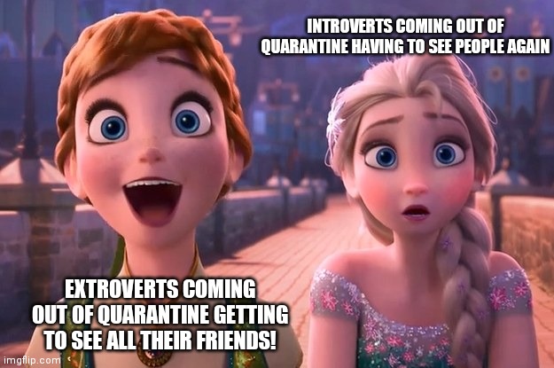 Frozen reaction "two types of reaction" | INTROVERTS COMING OUT OF QUARANTINE HAVING TO SEE PEOPLE AGAIN; EXTROVERTS COMING OUT OF QUARANTINE GETTING TO SEE ALL THEIR FRIENDS! | image tagged in frozen reaction two types of reaction,quarantine,introvert | made w/ Imgflip meme maker