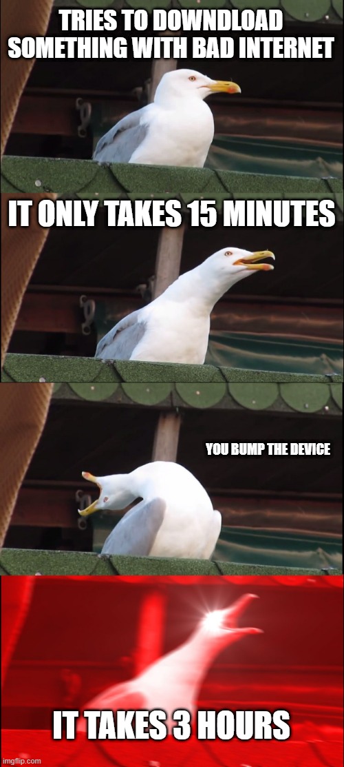 Inhaling Seagull | TRIES TO DOWNDLOAD SOMETHING WITH BAD INTERNET; IT ONLY TAKES 15 MINUTES; YOU BUMP THE DEVICE; IT TAKES 3 HOURS | image tagged in memes,inhaling seagull | made w/ Imgflip meme maker