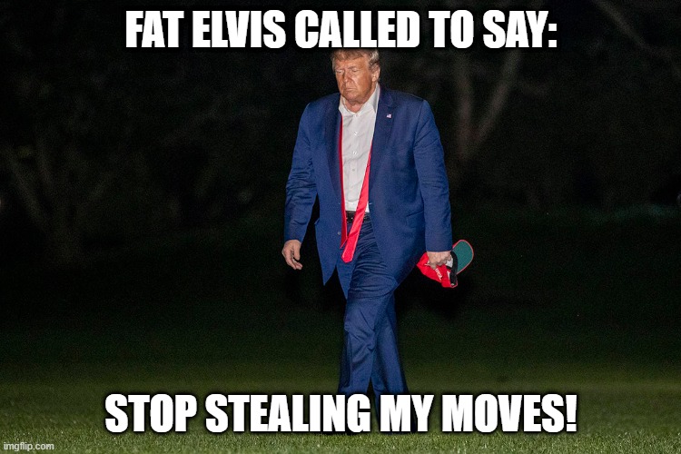 Fat Elvis | FAT ELVIS CALLED TO SAY:; STOP STEALING MY MOVES! | image tagged in trump,elvis,loser | made w/ Imgflip meme maker