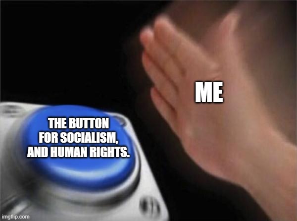 Blank Nut Button Meme | ME; THE BUTTON FOR SOCIALISM, AND HUMAN RIGHTS. | image tagged in memes,blank nut button,socialism,no capitalism,politics | made w/ Imgflip meme maker