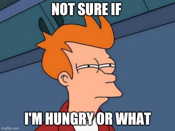 Futurama Fry | NOT SURE IF; I'M HUNGRY OR WHAT | image tagged in memes,futurama fry | made w/ Imgflip meme maker