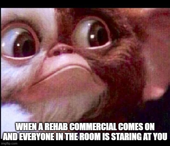 Gizmo | WHEN A REHAB COMMERCIAL COMES ON AND EVERYONE IN THE ROOM IS STARING AT YOU | image tagged in gizmo | made w/ Imgflip meme maker