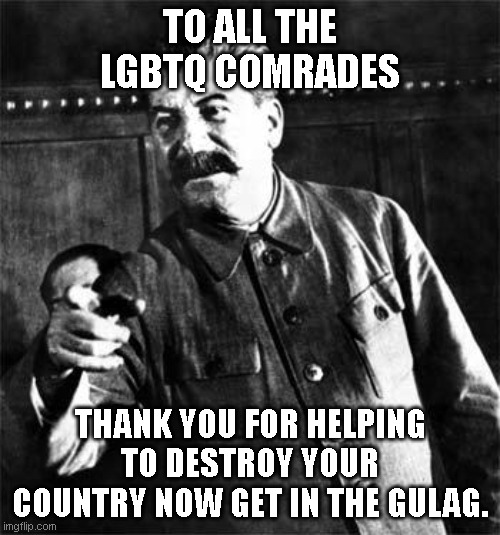 So long and that for all the deaths | TO ALL THE LGBTQ COMRADES; THANK YOU FOR HELPING TO DESTROY YOUR COUNTRY NOW GET IN THE GULAG. | image tagged in stalin,lgbtq,communism,marxism,hard to swallow pills,antifa | made w/ Imgflip meme maker