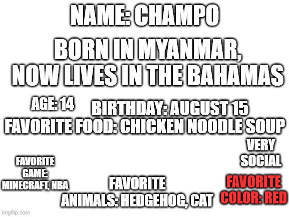 bio | NAME: CHAMPO; BORN IN MYANMAR, NOW LIVES IN THE BAHAMAS; BIRTHDAY: AUGUST 15; AGE: 14; FAVORITE FOOD: CHICKEN NOODLE SOUP; VERY SOCIAL; FAVORITE GAME: MINECRAFT, NBA; FAVORITE COLOR: RED; FAVORITE ANIMALS: HEDGEHOG, CAT | image tagged in blank white template | made w/ Imgflip meme maker