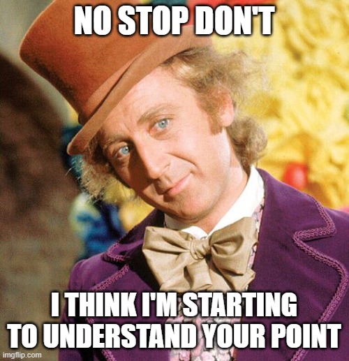 No Stop Don't Wonka | NO STOP DON'T I THINK I'M STARTING TO UNDERSTAND YOUR POINT | image tagged in no stop don't wonka | made w/ Imgflip meme maker