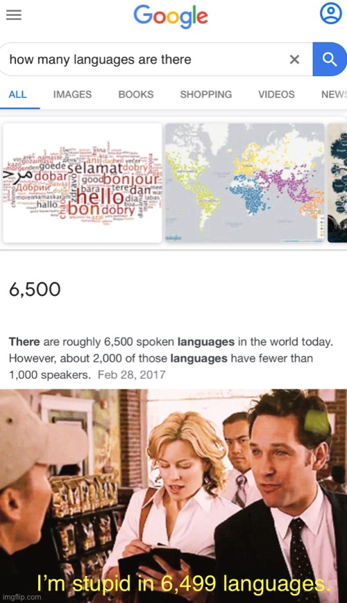 Congratulations.  You’re stupid in 6,499 languages | image tagged in language,funny,memes,paul rudd,google | made w/ Imgflip meme maker