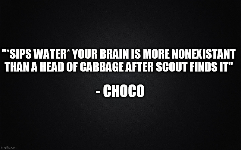 Negative existance | "*SIPS WATER* YOUR BRAIN IS MORE NONEXISTANT THAN A HEAD OF CABBAGE AFTER SCOUT FINDS IT"; - CHOCO | image tagged in plain black,memes,funny,quotes,incorrect,insult | made w/ Imgflip meme maker