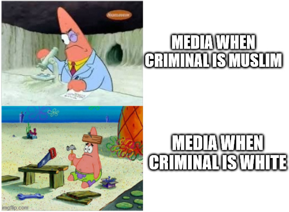 Patrick Smart Dumb | MEDIA WHEN CRIMINAL IS MUSLIM; MEDIA WHEN CRIMINAL IS WHITE | image tagged in patrick smart dumb | made w/ Imgflip meme maker