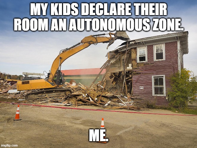 Over my dead body! | MY KIDS DECLARE THEIR ROOM AN AUTONOMOUS ZONE. ME. | image tagged in demolition | made w/ Imgflip meme maker