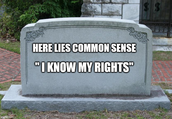 Blank Tombstone | HERE LIES COMMON SENSE; " I KNOW MY RIGHTS" | image tagged in blank tombstone | made w/ Imgflip meme maker