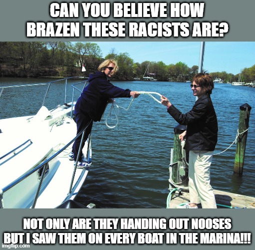 dockline | CAN YOU BELIEVE HOW BRAZEN THESE RACISTS ARE? NOT ONLY ARE THEY HANDING OUT NOOSES BUT I SAW THEM ON EVERY BOAT IN THE MARINA!!! | image tagged in noose | made w/ Imgflip meme maker