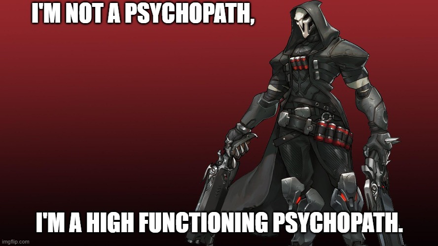 Reaper Psychopath | I'M NOT A PSYCHOPATH, I'M A HIGH FUNCTIONING PSYCHOPATH. | image tagged in reaper,overwatch,psychopath | made w/ Imgflip meme maker