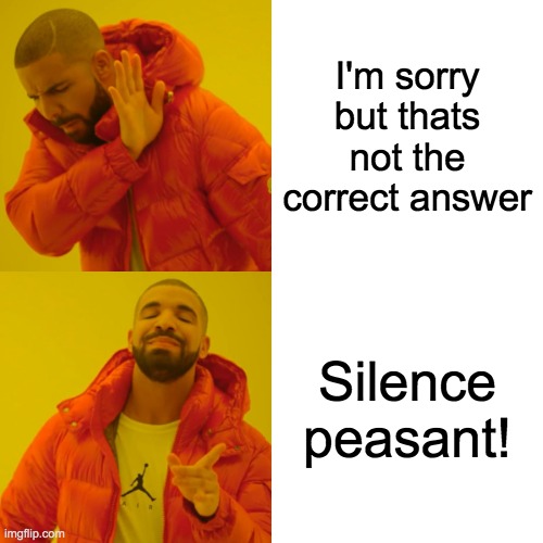 How to make someone quiet | I'm sorry but thats not the correct answer; Silence peasant! | image tagged in memes,drake hotline bling | made w/ Imgflip meme maker