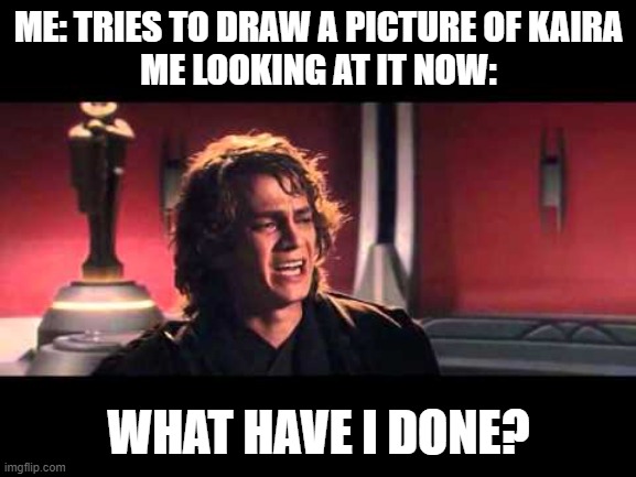 Anakin What have I done? | ME: TRIES TO DRAW A PICTURE OF KAIRA
ME LOOKING AT IT NOW:; WHAT HAVE I DONE? | image tagged in anakin what have i done | made w/ Imgflip meme maker