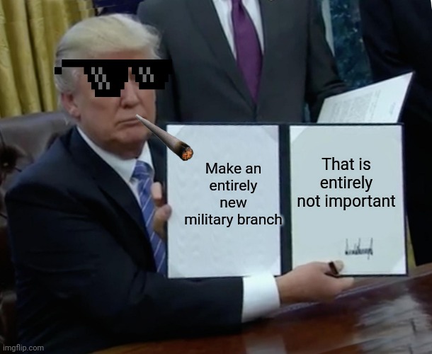 Trump Bill Signing Meme | Make an entirely new military branch; That is entirely not important | image tagged in memes,trump bill signing | made w/ Imgflip meme maker