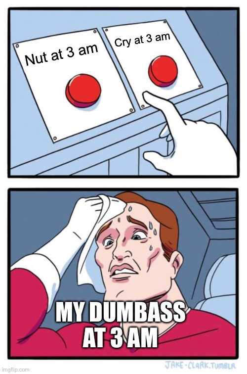 Two Buttons Meme | Cry at 3 am; Nut at 3 am; MY DUMBASS AT 3 AM | image tagged in memes,two buttons | made w/ Imgflip meme maker