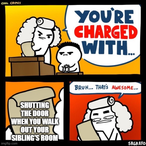 cool crimes | SHUTTING THE DOOR WHEN YOU WALK OUT YOUR SIBLING'S ROOM | image tagged in cool crimes | made w/ Imgflip meme maker