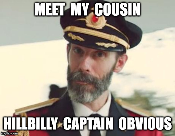 Captain Obvious | MEET  MY  COUSIN HILLBILLY  CAPTAIN  OBVIOUS | image tagged in captain obvious | made w/ Imgflip meme maker
